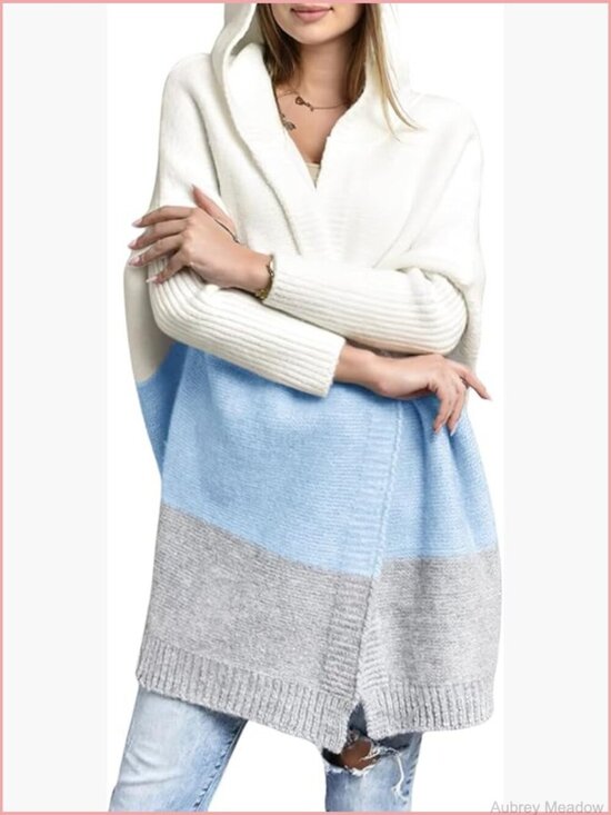 Sweaters - Color Block Hooded Cardigan Open Front Knit Long Coatigan Sweater Loose Fit